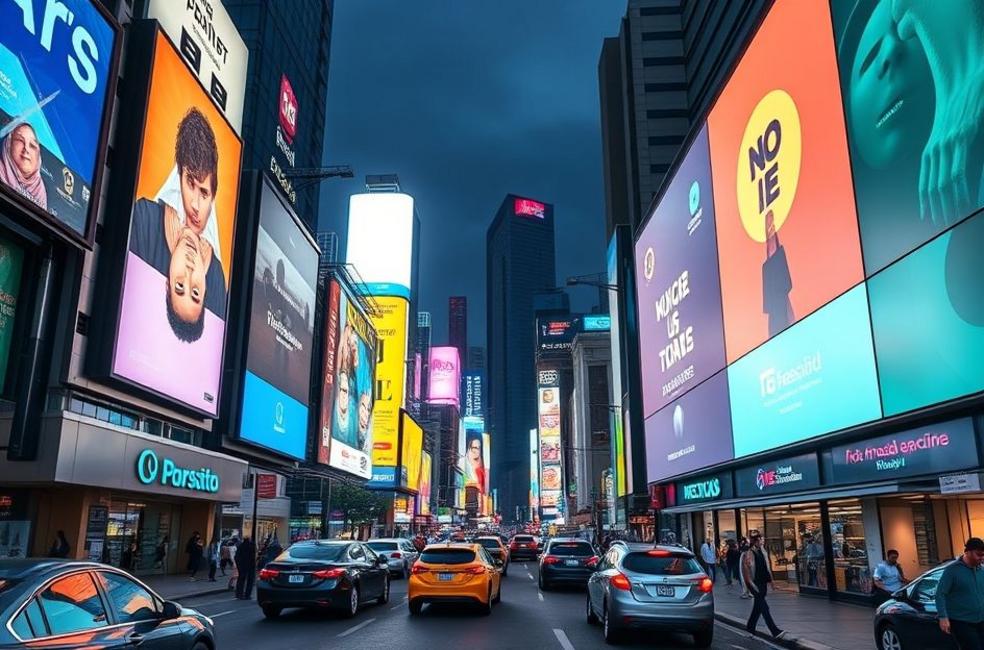Imagem de uma rua movimentada em São Paulo com painéis publicitários digitais, simbolizando a publicidade eficaz na era digital.