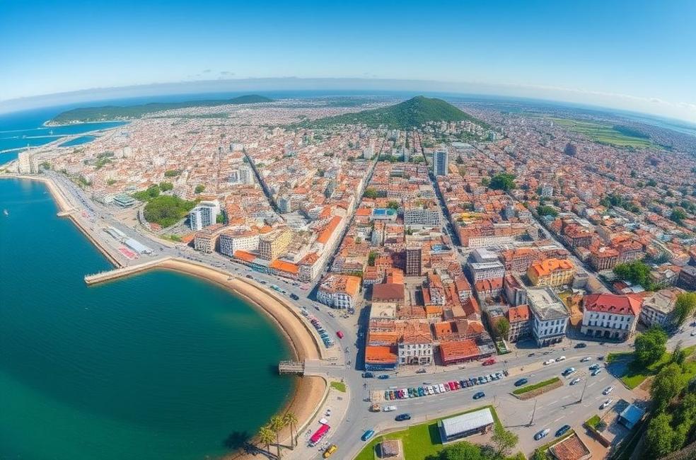 Vista da cidade de São Sebastião com foco em negócios locais.