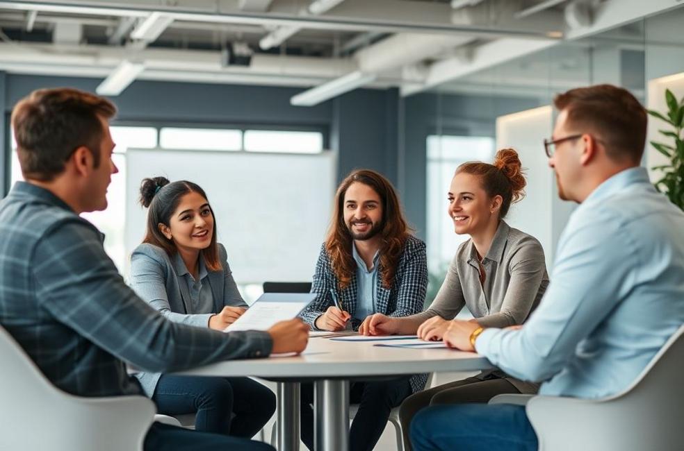 Reunião em escritório em São Leopoldo discutindo estratégias de marketing digital.