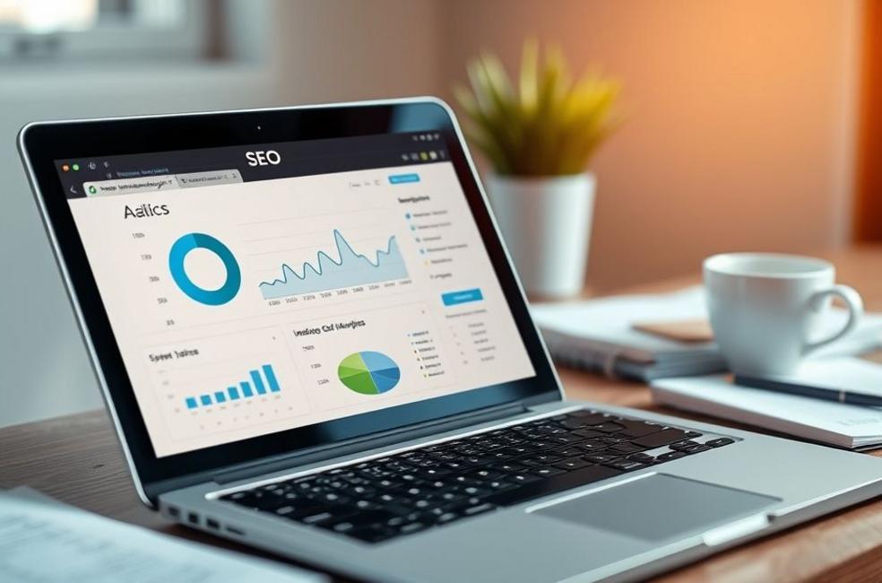 Close-up de laptop mostrando análises de SEO com notas e café ao fundo.