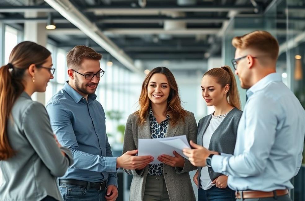 Consultor de SEO discutindo estratégias com equipe em escritório.