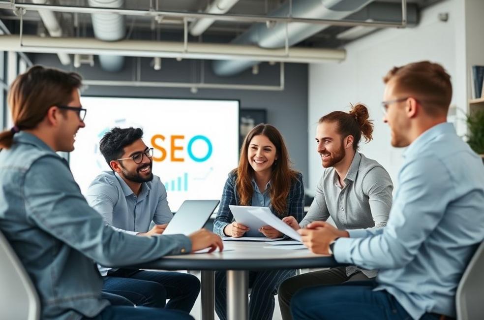 Equipe de profissionais desenvolvendo estratégias de SEO.