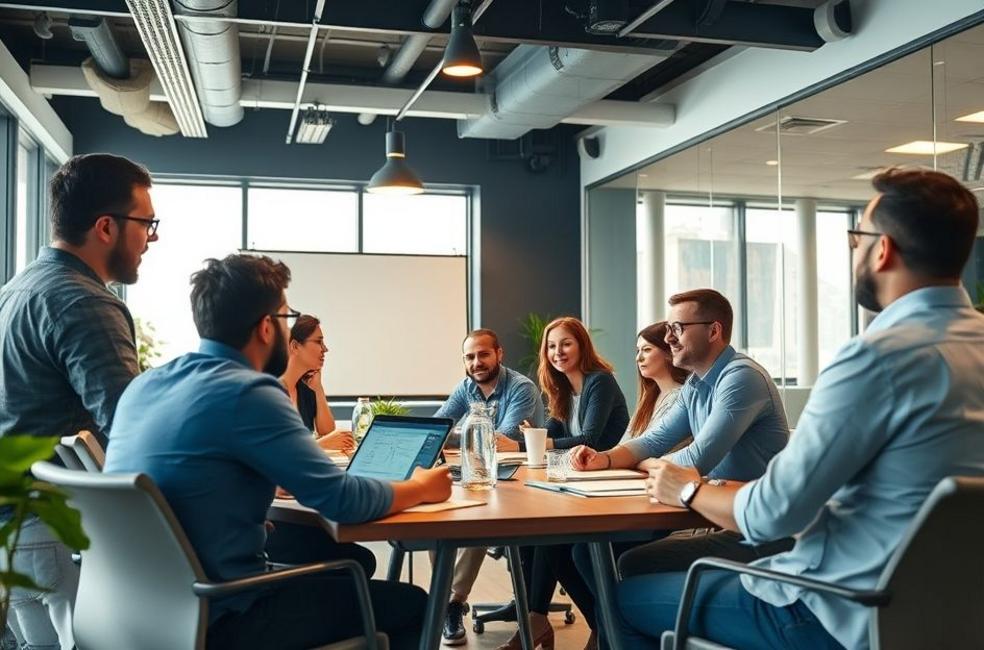 Equipe discutindo estratégias de SEO em um escritório.