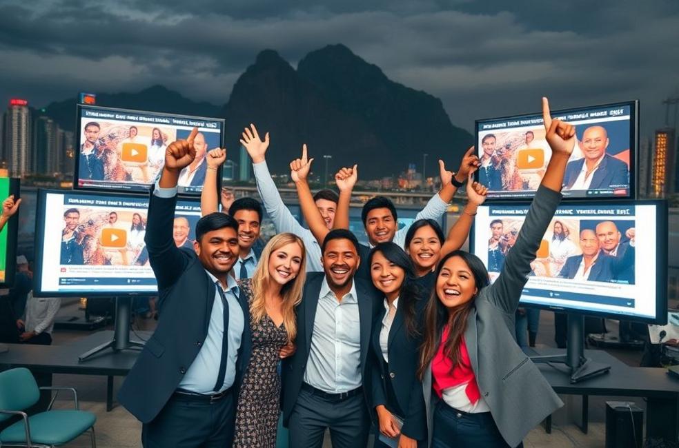 Grupo de profissionais celebrando o sucesso em marketing digital.