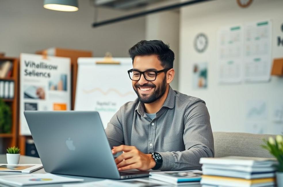 Empresário satisfeito que revisa relatórios de vendas em seu laptop