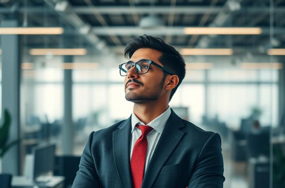 Empresário sorri enquanto analisa dados em busca de novas oportunidades.