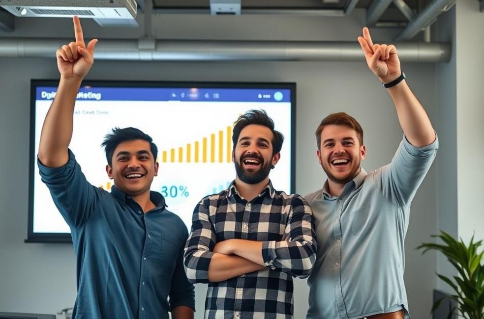 Grupo de pequenos empreendedores celebrando após implementação de marketing digital.