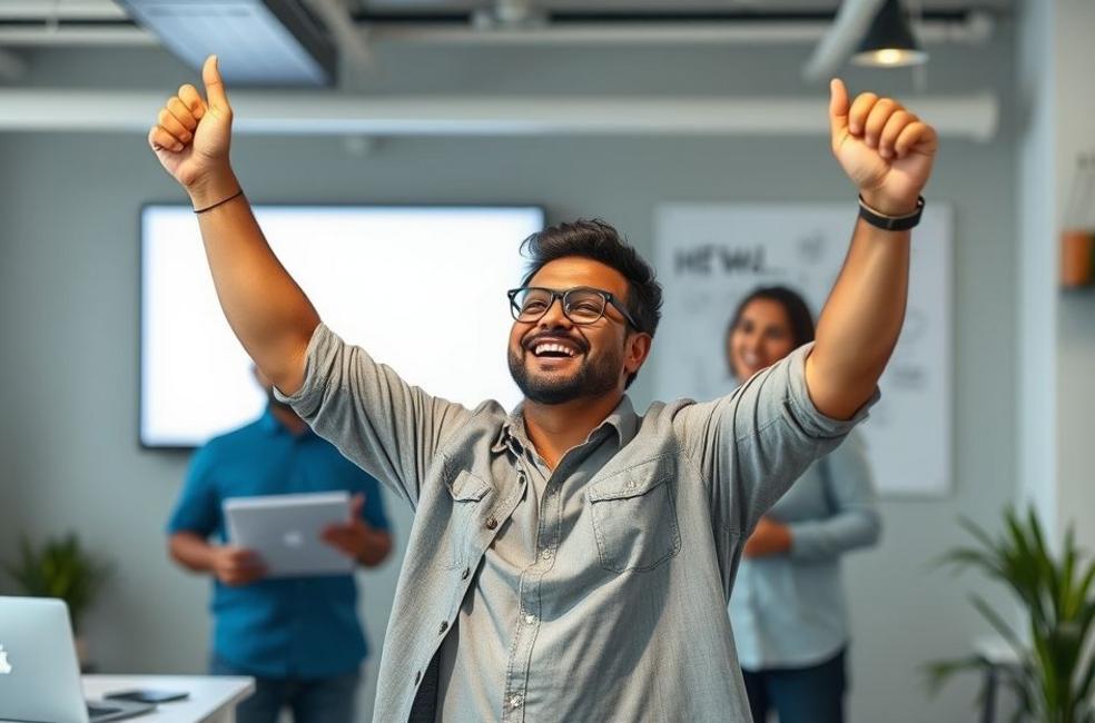 Empresário em Ponta Grossa comemorando resultados positivos nas estratégias de marketing digital.