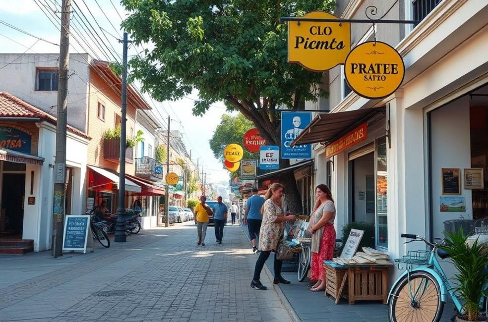 Cena vibrante de uma rua em Taubaté com empresas locais.