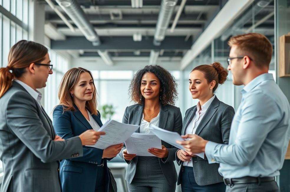 Grupo de advogados analisando estratégias de marketing.