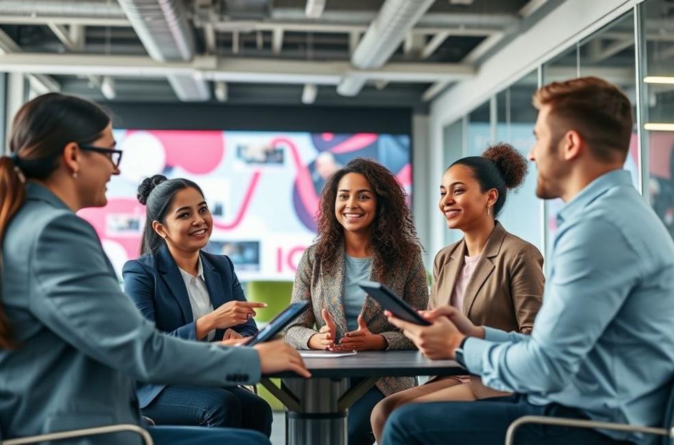 Equipa de marketing discutindo estratégias para anúncios no TikTok.