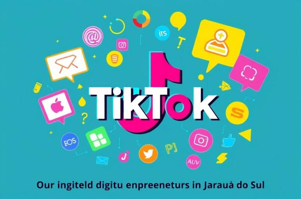 Logotipo do TikTok com ícones de marketing digital ao redor.