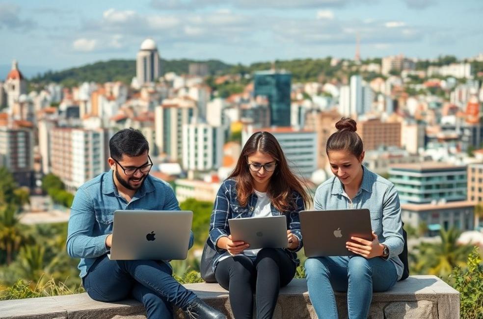 Grupo de pequenos empresários em Vitória discutindo sobre criação de websites.