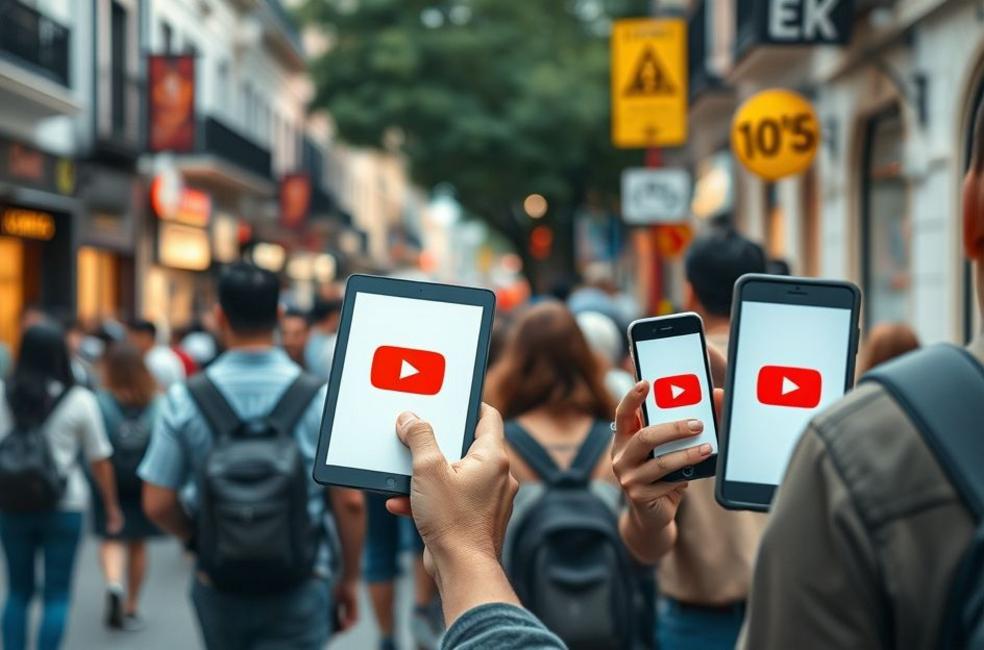 Pessoas em Vitória usando dispositivos digitais para interagir com conteúdo do YouTube.