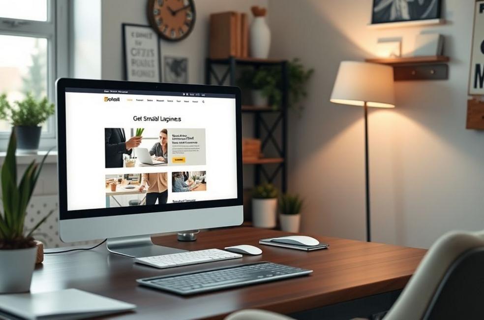 Escritório aconchegante com design de website em exibição.