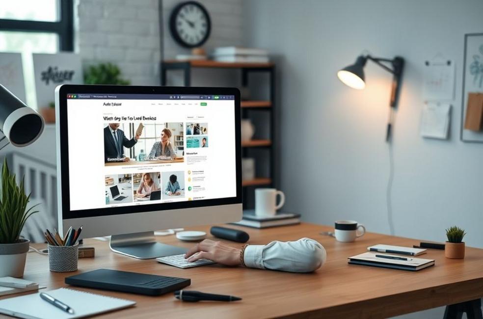 Designer web trabalhando em um site para uma empresa local.