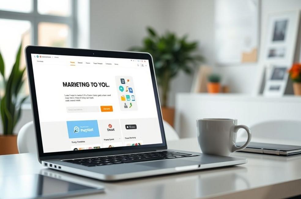 Espaço de trabalho com laptop e ferramentas de marketing.