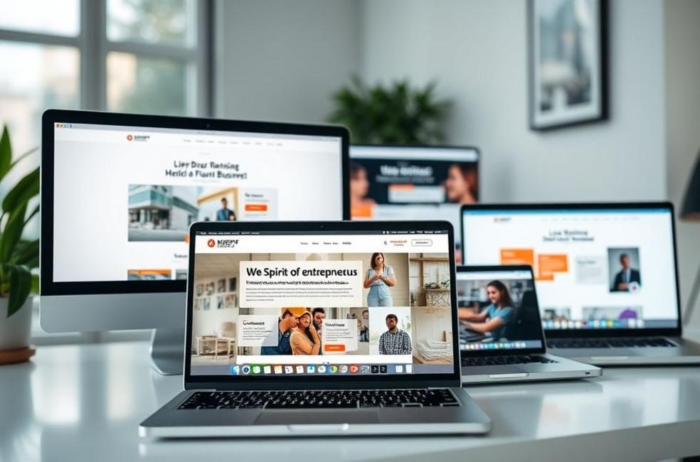 Espaço de trabalho mostrando telas de computadores com designs de websites locais.