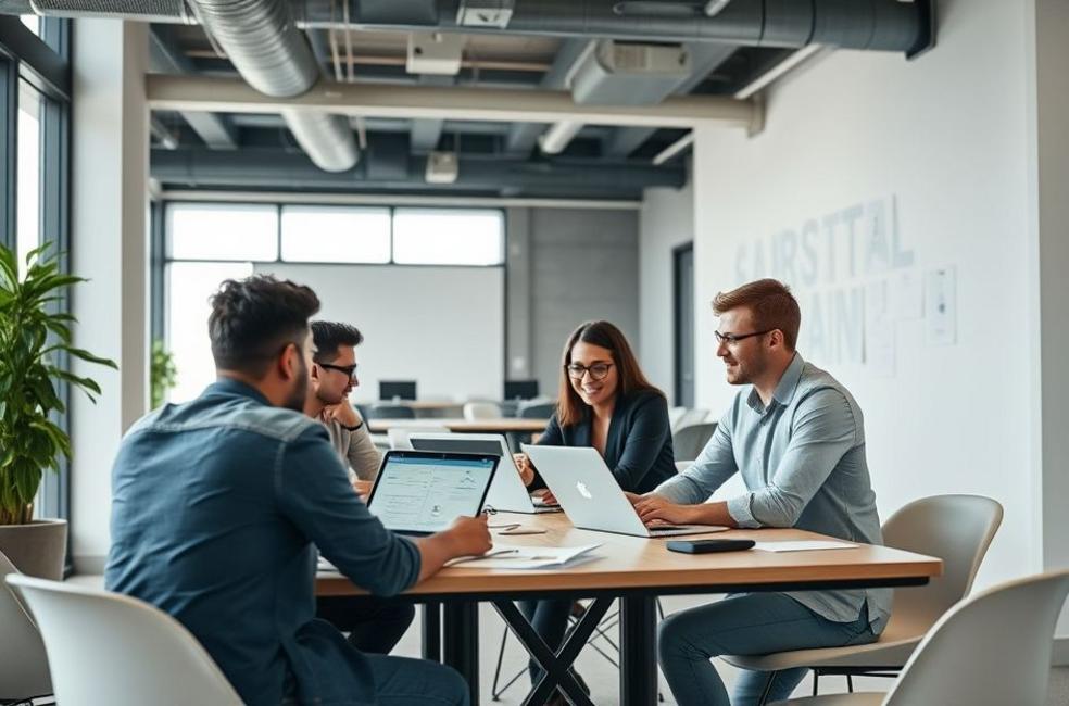 Um espaço de trabalho moderno em Curitiba com profissionais discutindo estratégias de marketing digital.