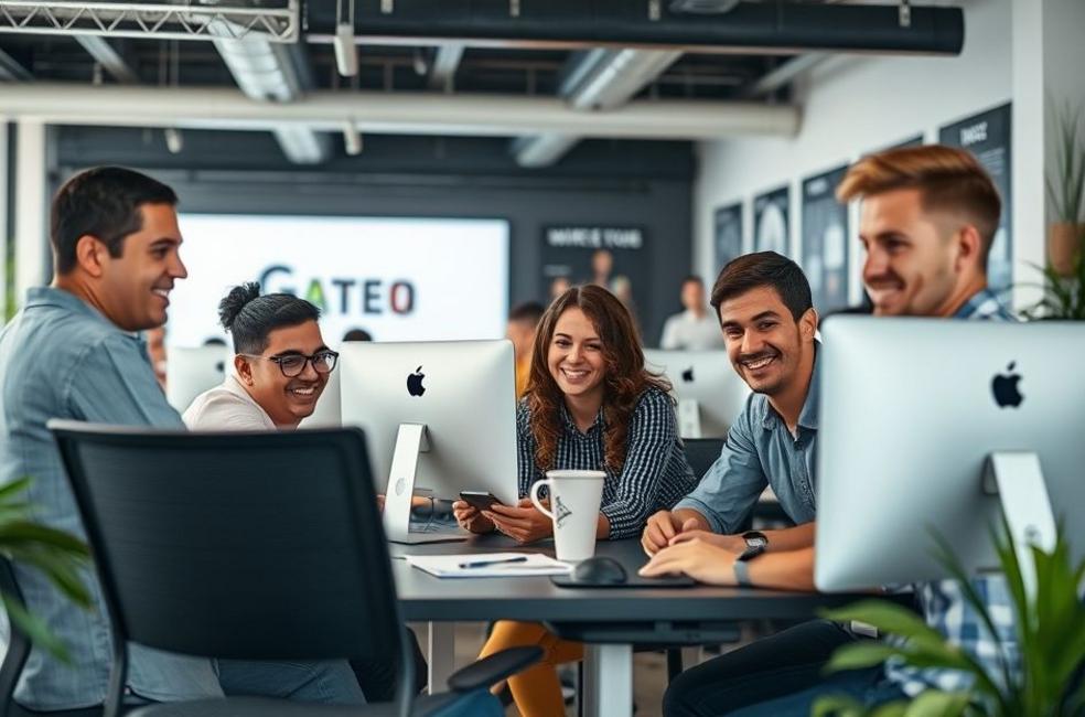 Empreendedores trabalhando juntos em marketing digital.