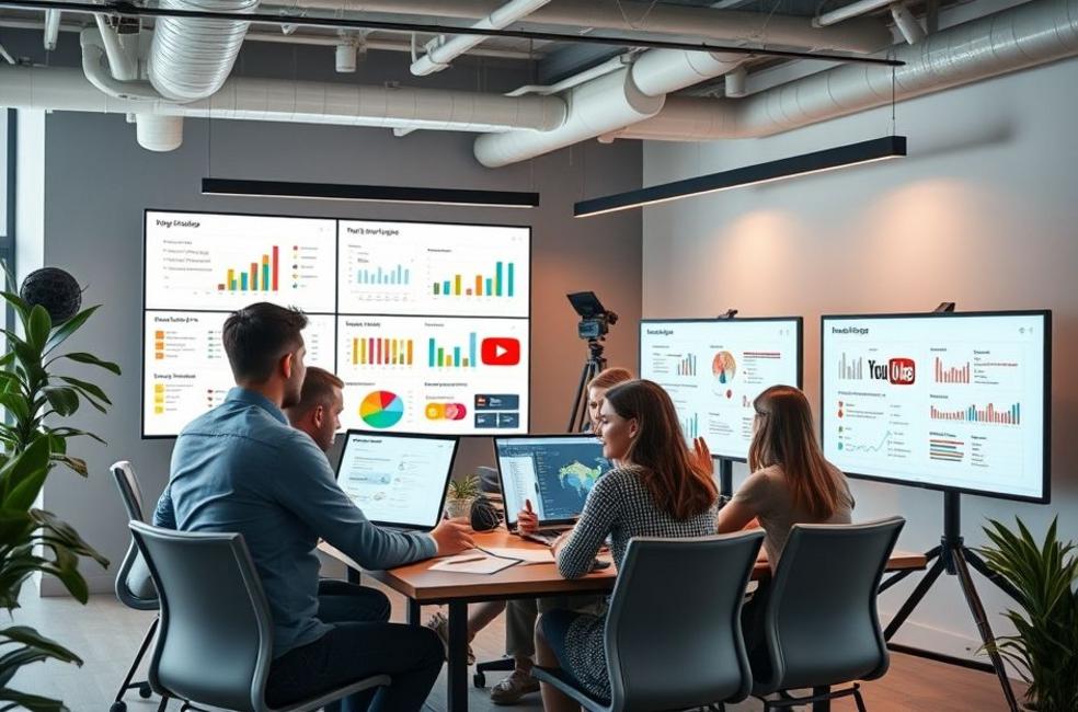 Equipe diversificada colaborando em estratégias de anúncios no YouTube.
