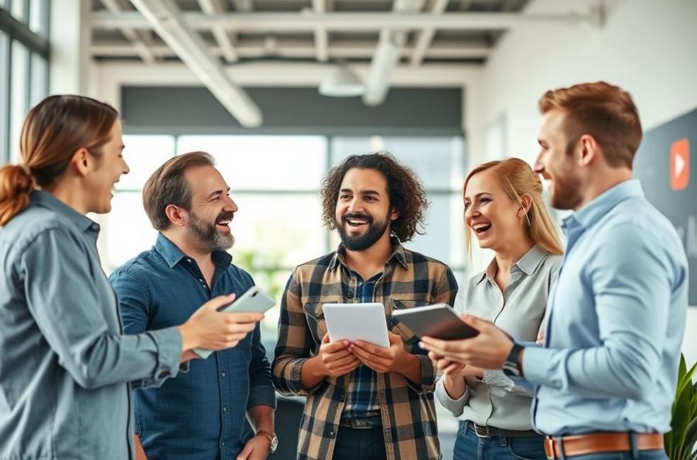 Várias pequenas empresas discutindo suas estratégias de anúncios no YouTube.