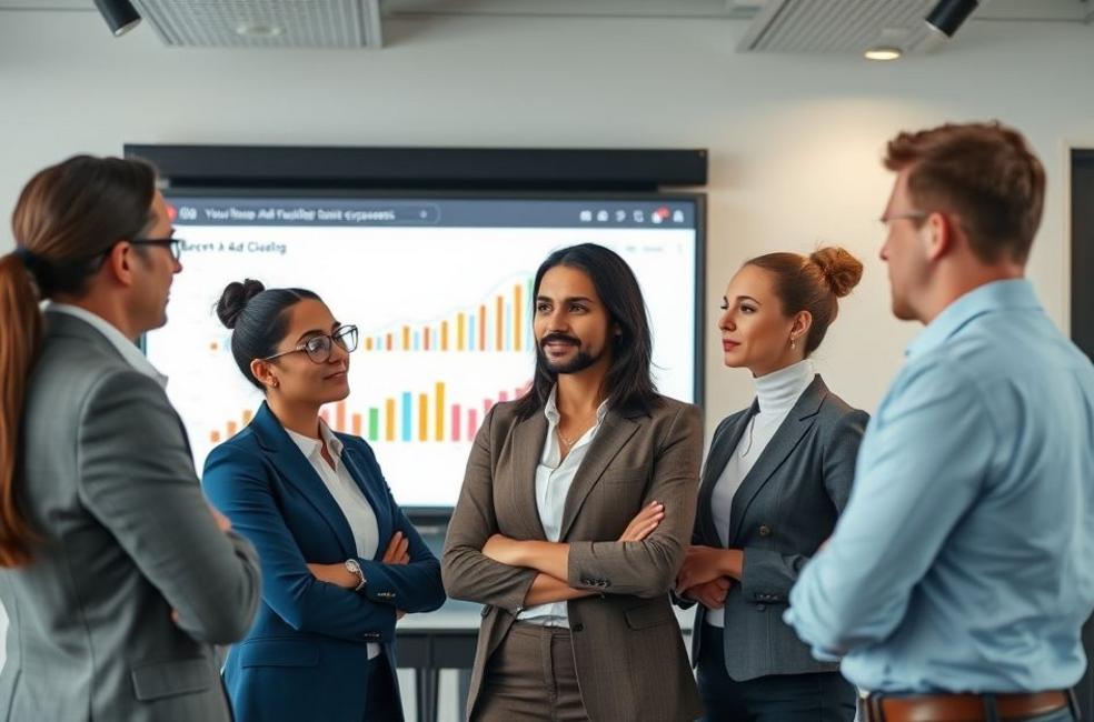 Profissionais de negócios celebrando o sucesso de anúncios no YouTube.