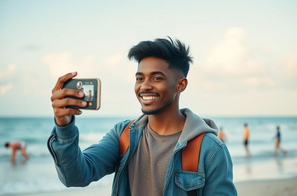 Empreendedor filmando um vídeo para o Youtube com vista da praia em Santos.