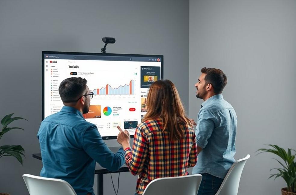Imagem de uma equipe de marketing colaborando em estratégias de YouTube.