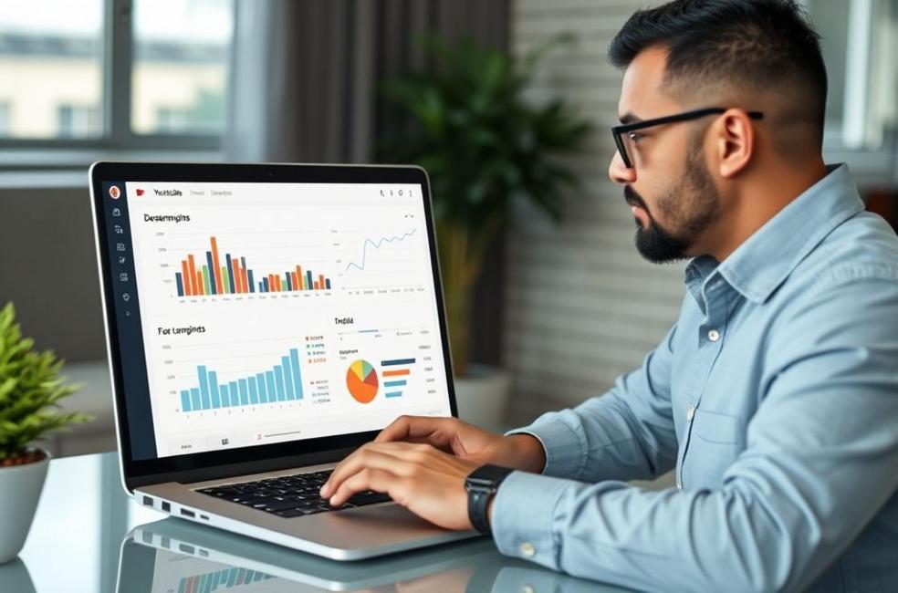 Empresário em Pelotas assistindo ao desempenho de anúncios no YouTube em um laptop.