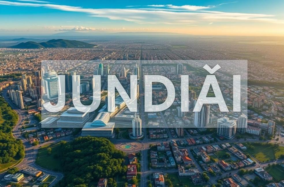 Vista aérea de Jundiaí com elementos de marketing digital.