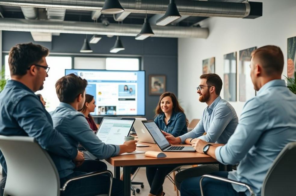 Profissionais discutindo estratégias de Facebook Ads em um escritório de marketing digital.