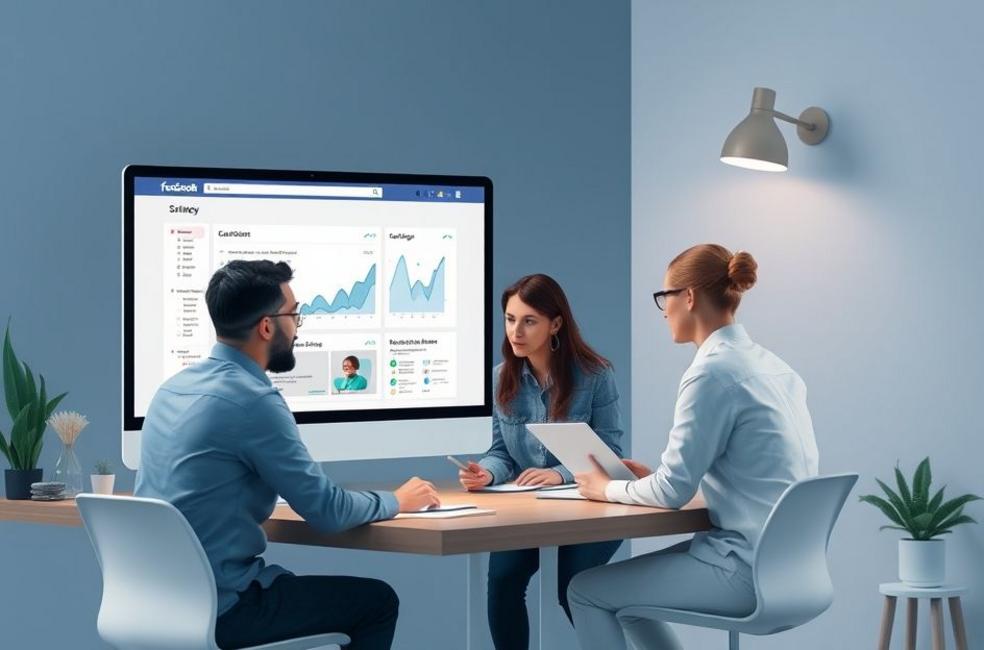 Equipe de marketing digital colaborando em estratégias de publicidade no Facebook.
