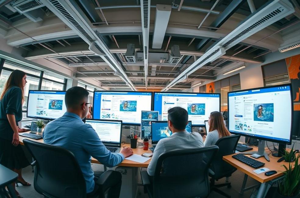 Profissionais em escritório colaborando em estratégias de Facebook Ads.