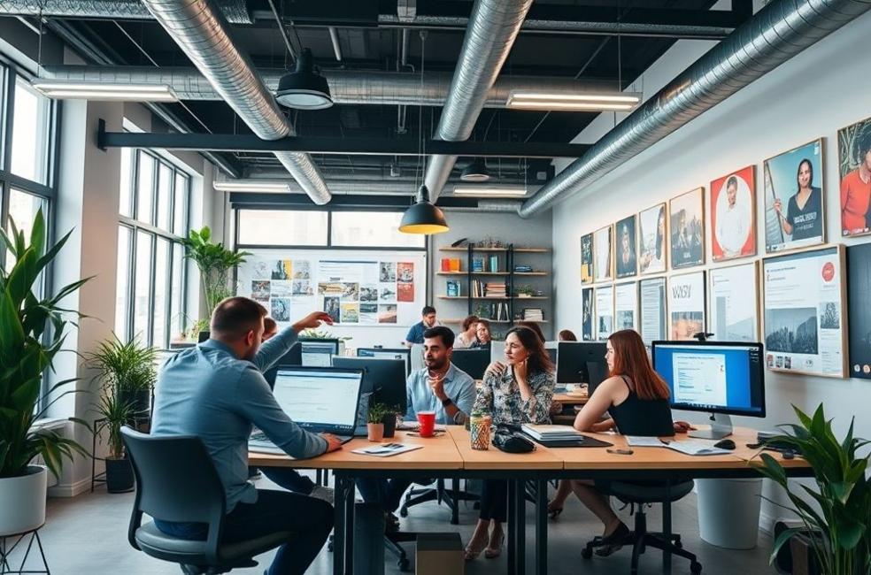 Profissionais de marketing digital trabalhando em estratégias de Facebook Ads em um escritório vibrante.