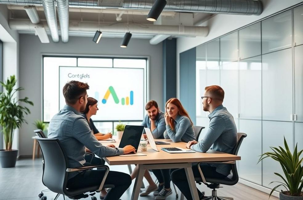 Equipe de marketing digital em reunião, discutindo campanhas de Google Ads.