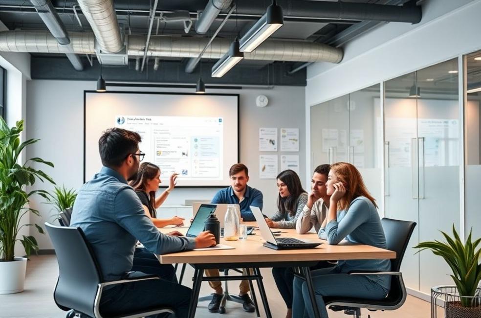 Profissionais trabalhando em equipe em uma agência de marketing.