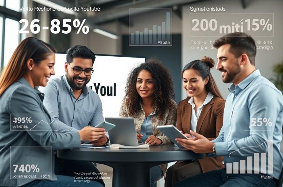 Grupo diverso de especialistas em marketing digital em Caxias do Sul trabalhando em campanhas de anúncios.