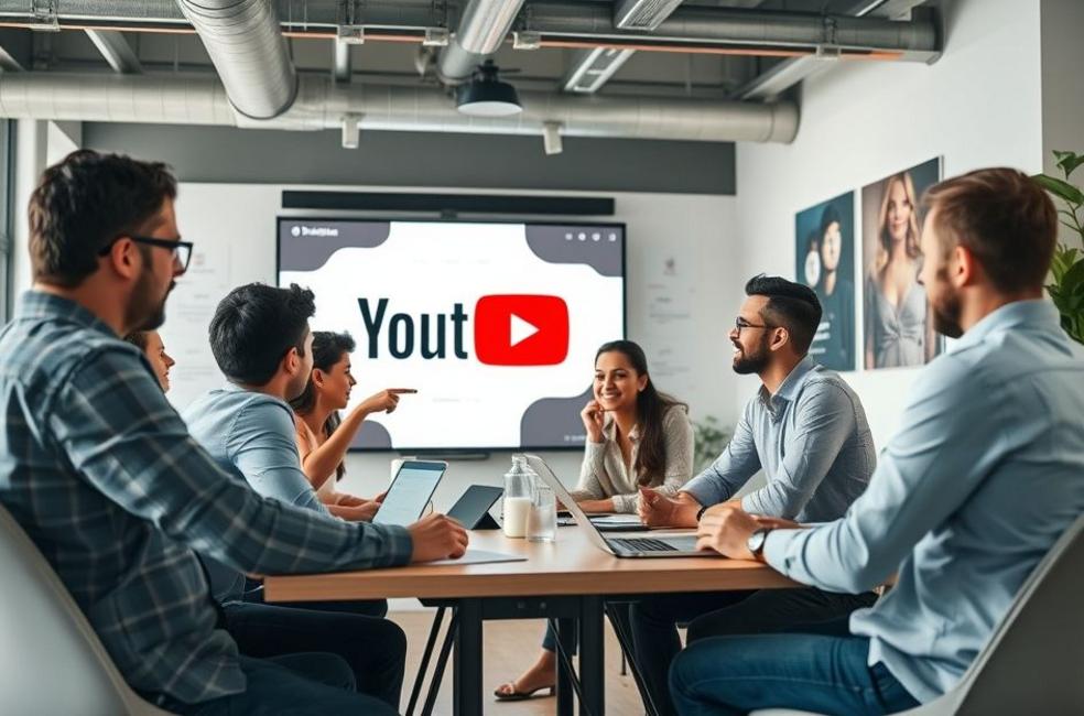 Equipe de marketing colaborando em estratégias para Youtube Ads.