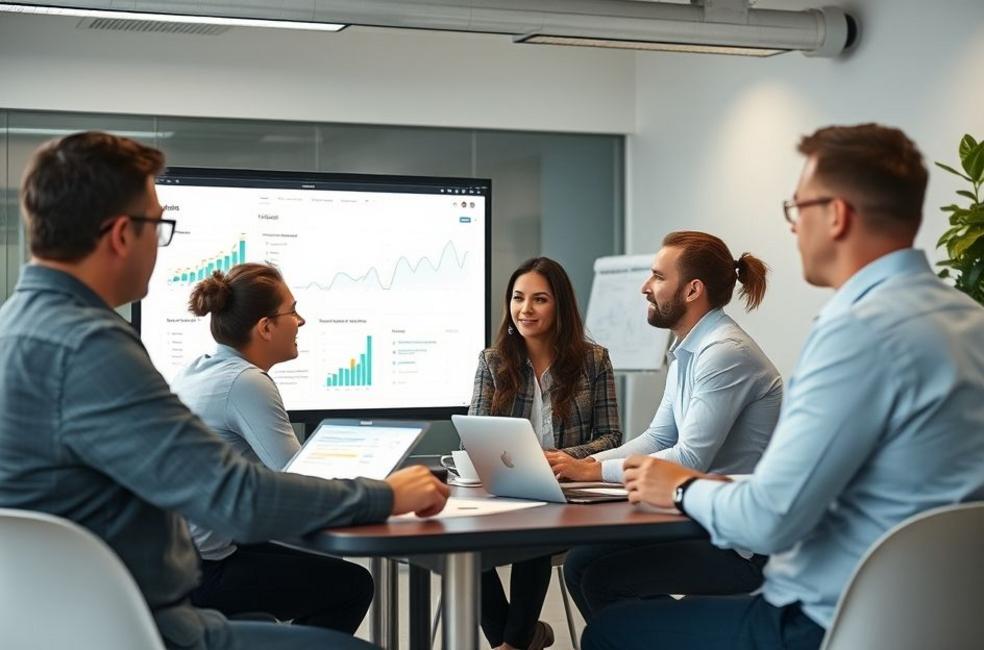 Equipes de uma agência de marketing digital discutindo estratégias de Google Ads em Franca, SP.
