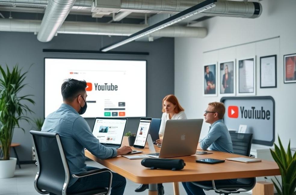 Funcionários de uma agência discutindo campanhas de Youtube Ads.