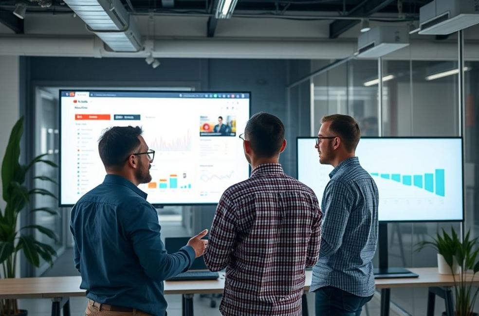 Profissionais de marketing digital discutindo estratégias de Youtube Ads
