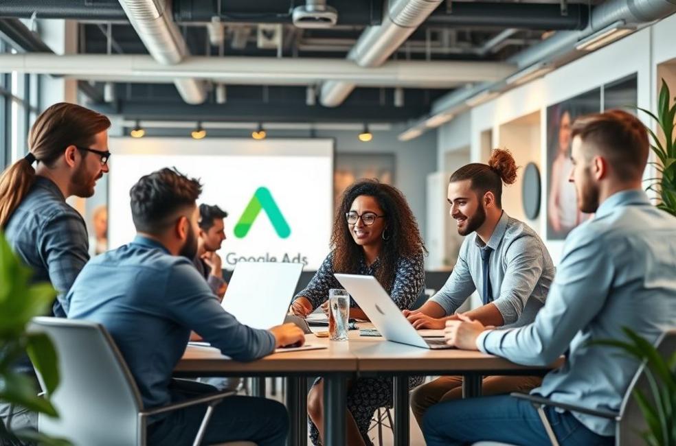 Ambiente de trabalho moderno com equipes colaborando em estratégias de marketing digital.