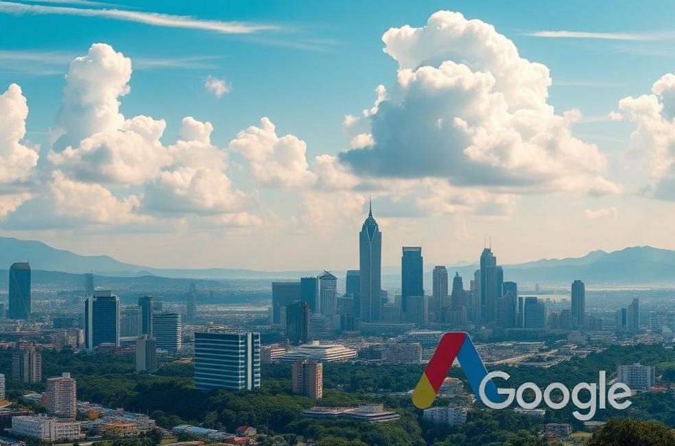 Imagem deslumbrante do horizonte de Belo Horizonte com elementos que representam anúncios do Google.