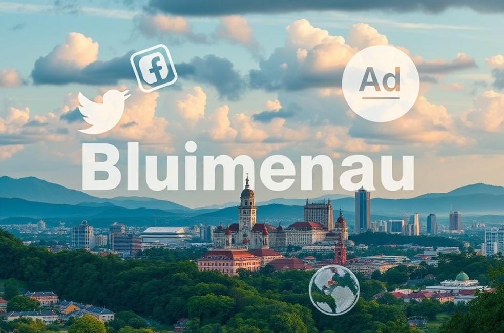 Cenário urbano de Blumenau com ícones de marketing digital.