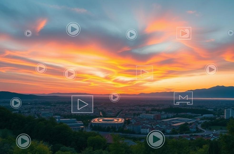 Vista da cidade de Blumenau com elementos de marketing digital integrados.