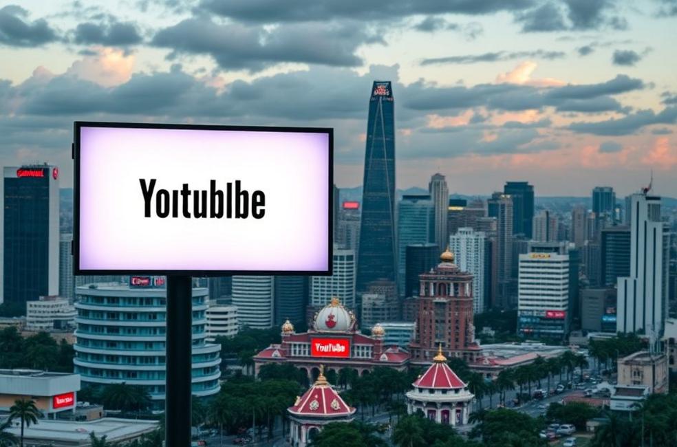 Vista da cidade de Canoas com telas digitais exibindo anúncios do Youtube.