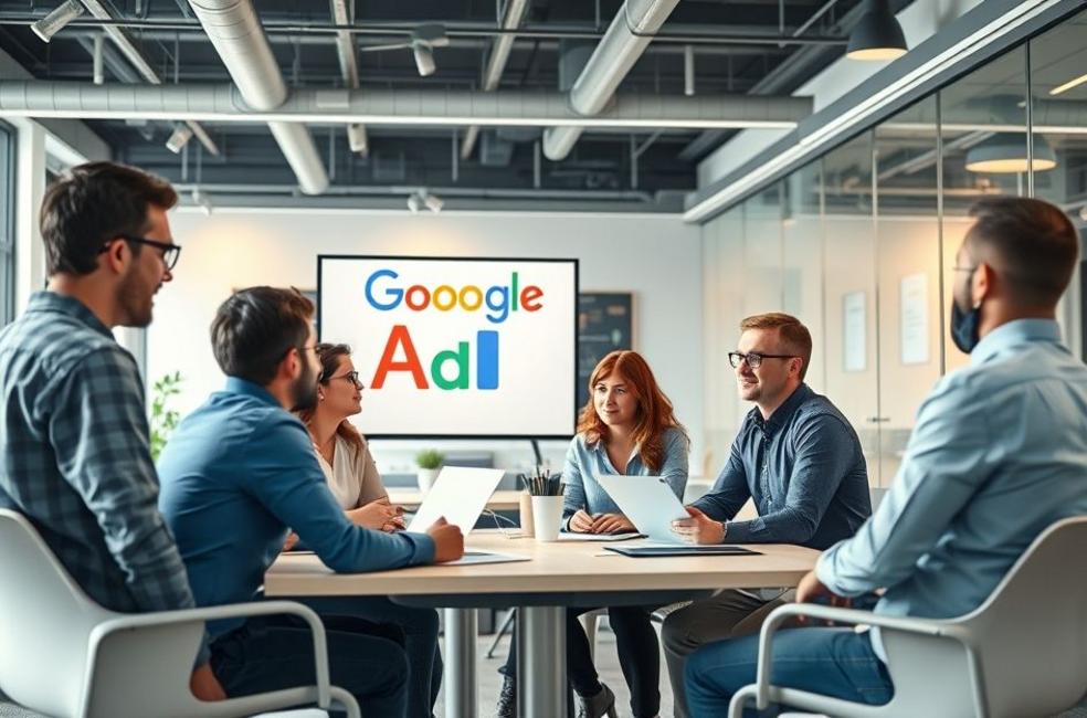 Profissionais de marketing digital colaborando em novas ideias para campanhas de Google Ads.