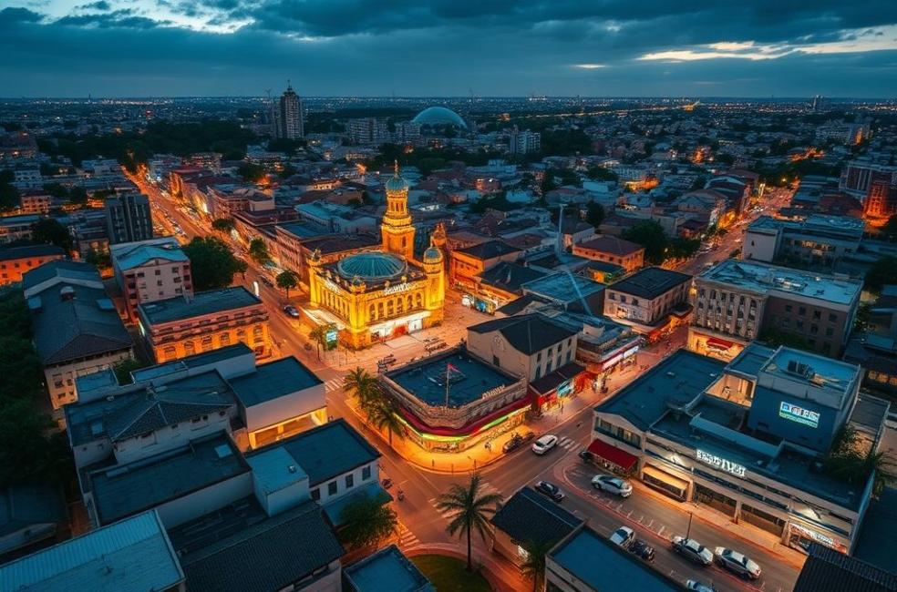 Vista aérea de Baurú com destaque para negócios em crescimento devido ao marketing digital.