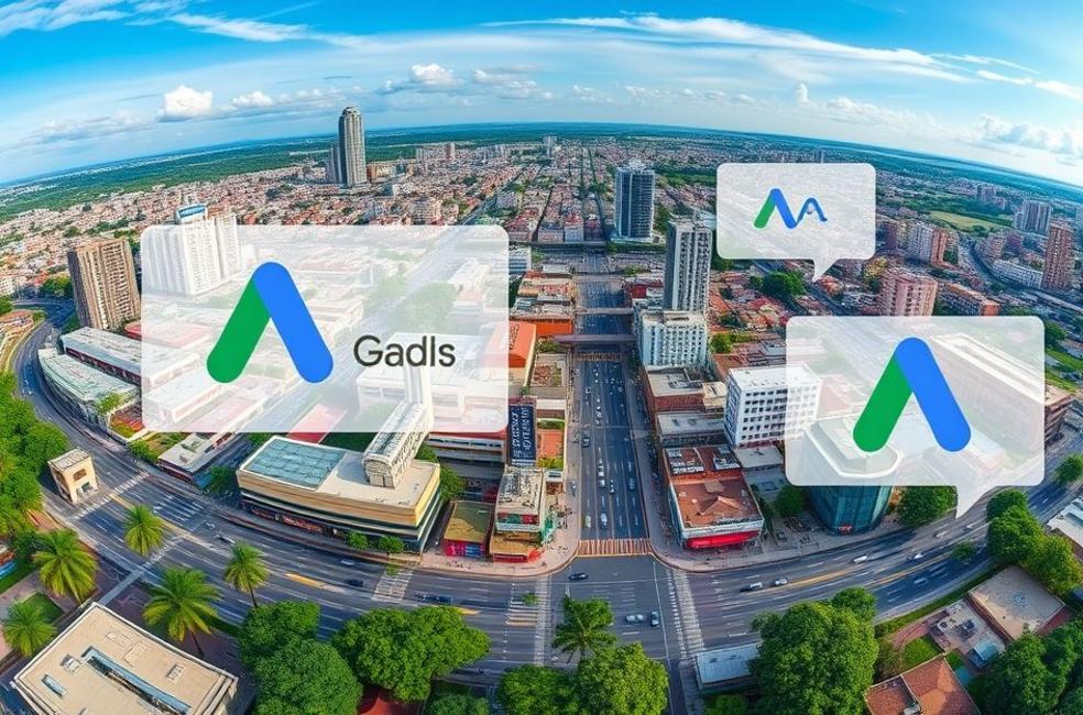 Vista da cidade de Piracicaba destacando áreas comerciais e publicidade digital.